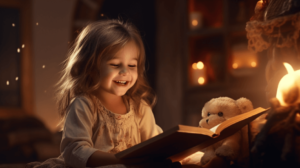 Little happy girl reading the children's book