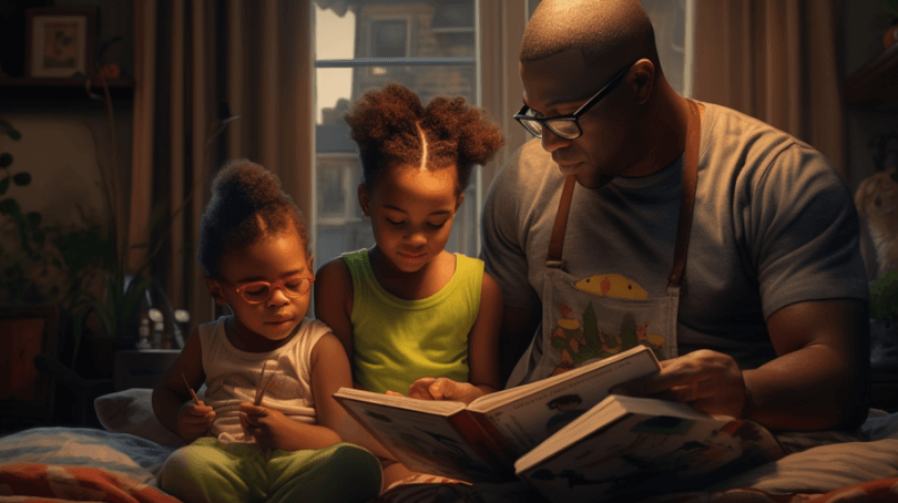 father reading children's book to his two children